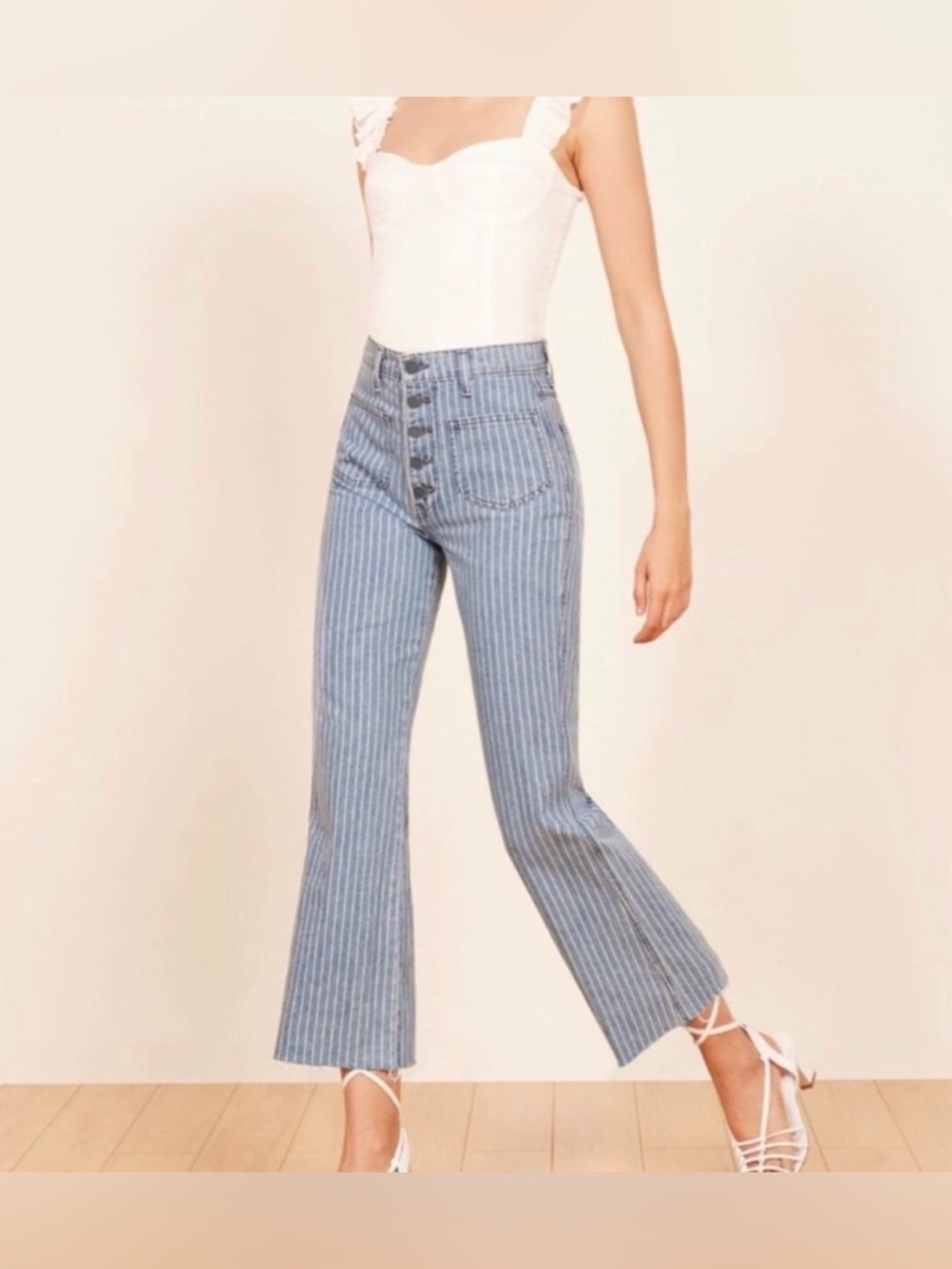 Reformation Blue Pinstripe High-Rise McGraw Crop Jeans